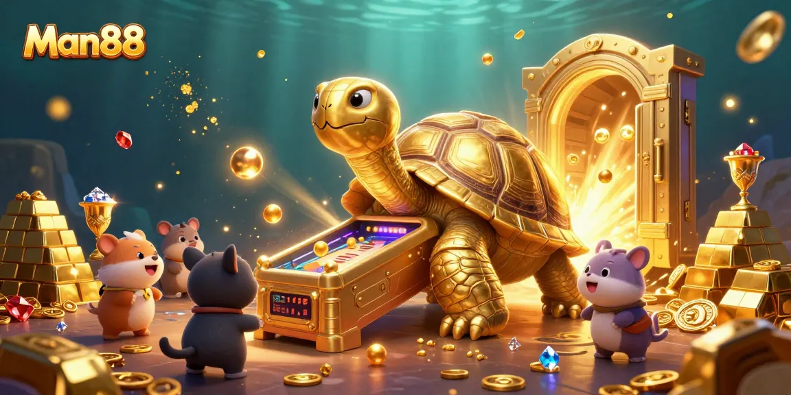 Man88 showcases lively casino fun with a colossal tortoise pinball machine surrounded by treasures.