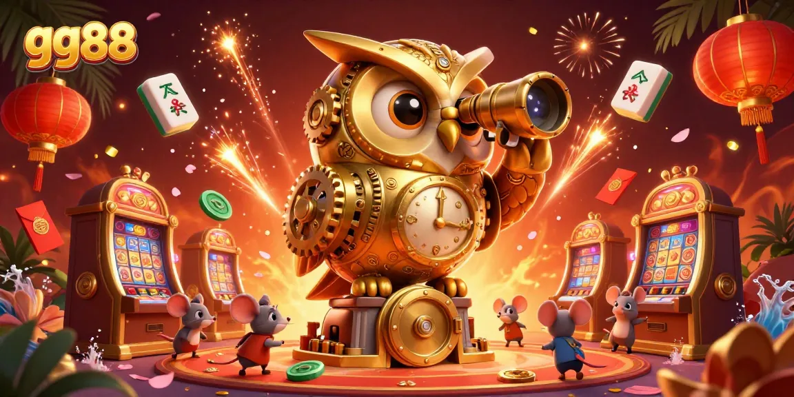 Engage with gg88's lively casino scene featuring a golden owl and vibrant slot machines, capturing the excitement of gambling.