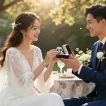 Stunning luxury wedding rings displayed during an outdoor ceremony with a joyful couple and floral arrangements.