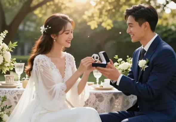 Stunning luxury wedding rings displayed during an outdoor ceremony with a joyful couple and floral arrangements.