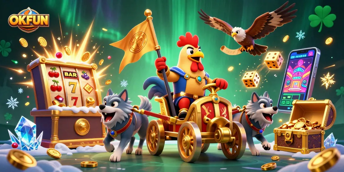 Experience thrilling gameplay with OKFUN as the rooster warlord battles for riches in a vibrant 3D casino scene.