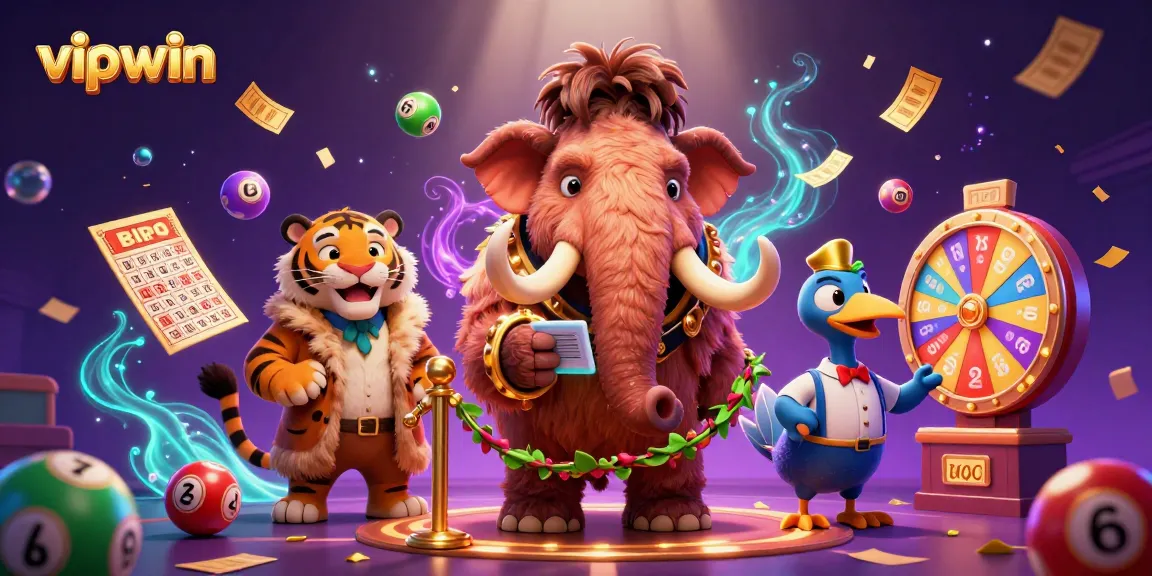 Experience the thrilling vibe of vipwin with a mammoth bouncer, saber-tooth tiger guest, and vibrant lottery elements.