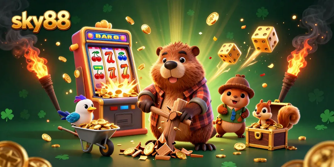 Experience the thrill of sky88 as a cartoon beaver chops for golden coins amid a dynamic casino scene.