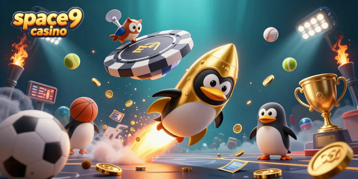 Engage with the vibrant action of space9 casino featuring a golden penguin and dynamic sports elements.