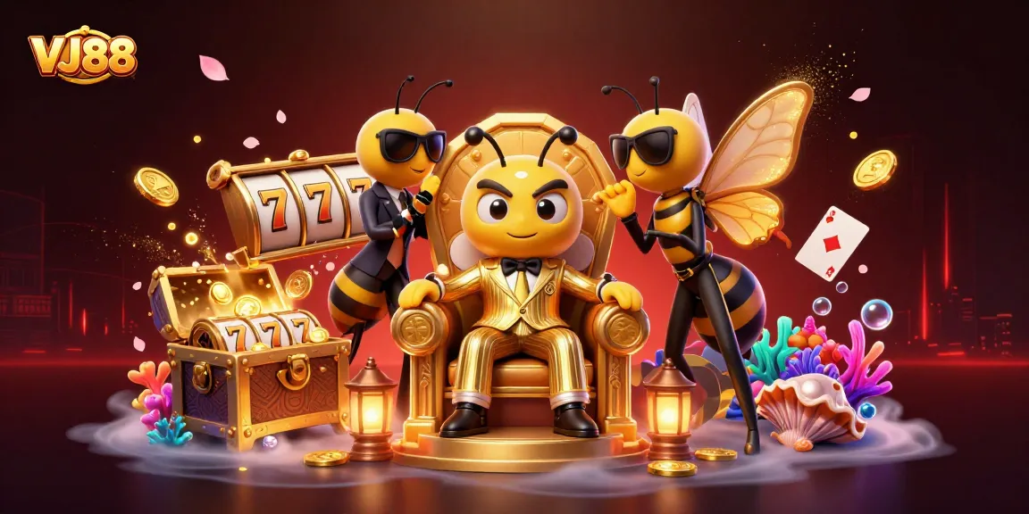 Experience thrilling slots action at VJ88 with our cartoon bumblebee mob boss amidst riches and casino elements.