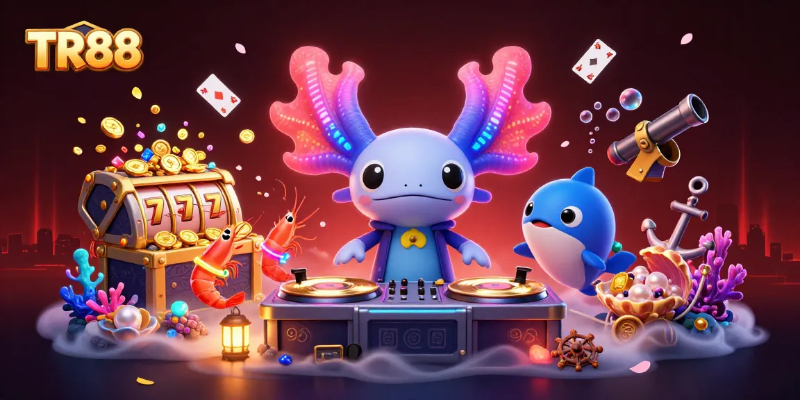 Engage with TR88's vibrant 3D casino world featuring neon axolotl DJ surrounded by dynamic gaming elements.