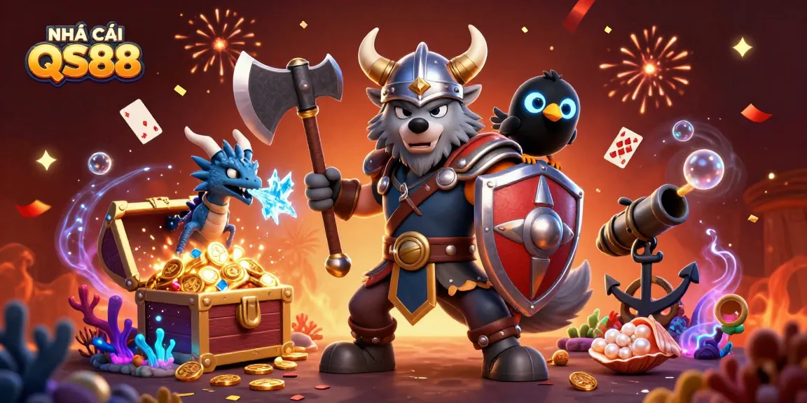 Engage with NHÀ CÁI QS88 in a vibrant 3D casino scene featuring a Viking wolf and dragon.