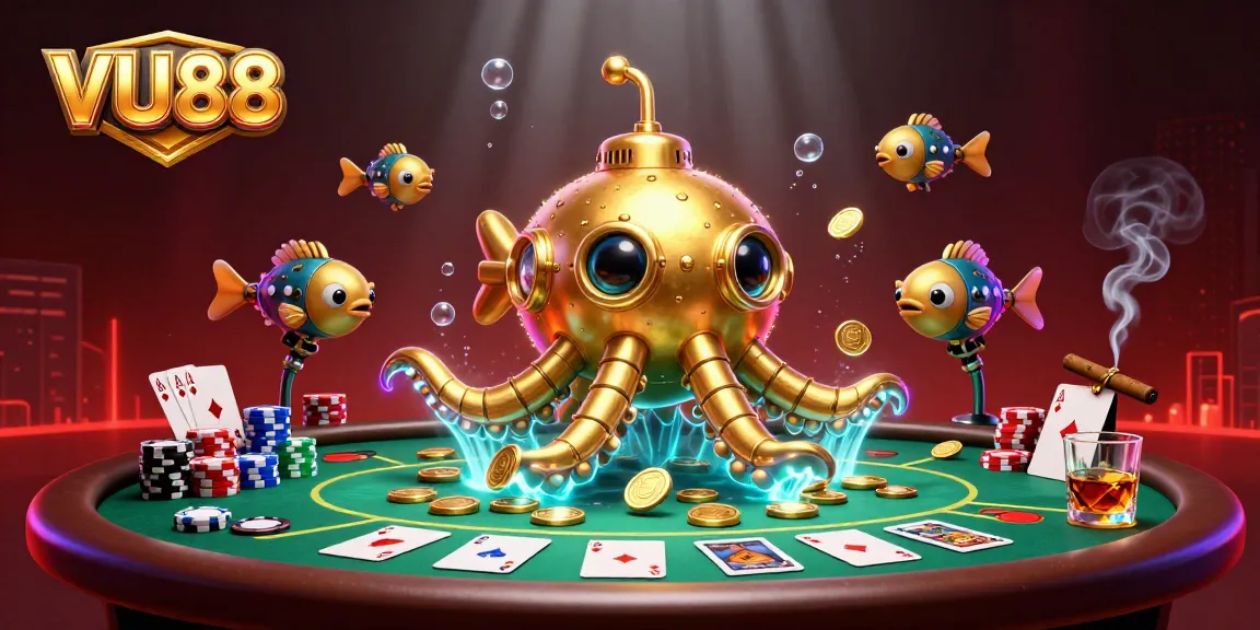Experience gaming excitement at VU88 with a golden kraken submarine amidst poker elements and vibrant coins.