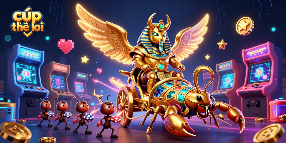 Experience cúp thế giới gaming thrills with vibrant 3D cartoon illustration of golden scarab and casino elements.