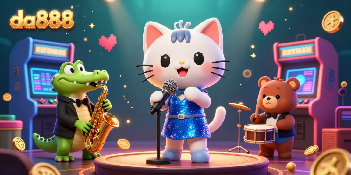 Engage with da888's vibrant casino scene featuring a jazz-singer cat and colorful arcade elements.
