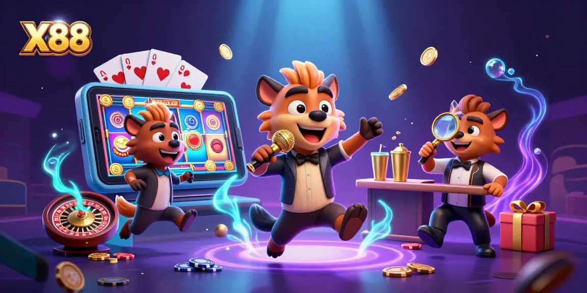 Experience the excitement of X88 with vibrant slot games and lively characters in a cartoon casino.