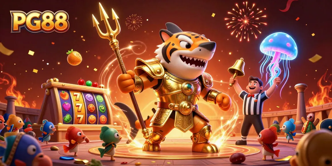 Experience thrilling gaming with PG88 as a tiger shark battles for jackpots in a vibrant casino scene.