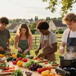 Students participating in culinary internships in France, cooking fresh dishes in a picturesque outdoor workshop, showcasing vibrant ingredients and cultural immersion.