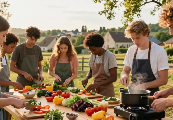 Students participating in culinary internships in France, cooking fresh dishes in a picturesque outdoor workshop, showcasing vibrant ingredients and cultural immersion.