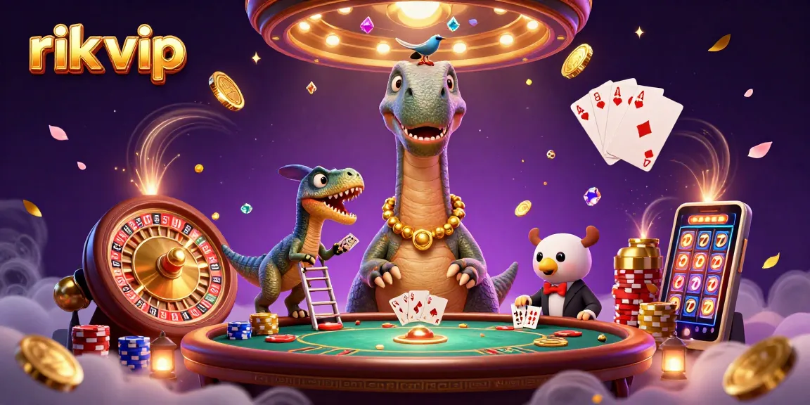 Join the excitement at rik vip casino with vibrant illustrations of games, chips, and themed characters.