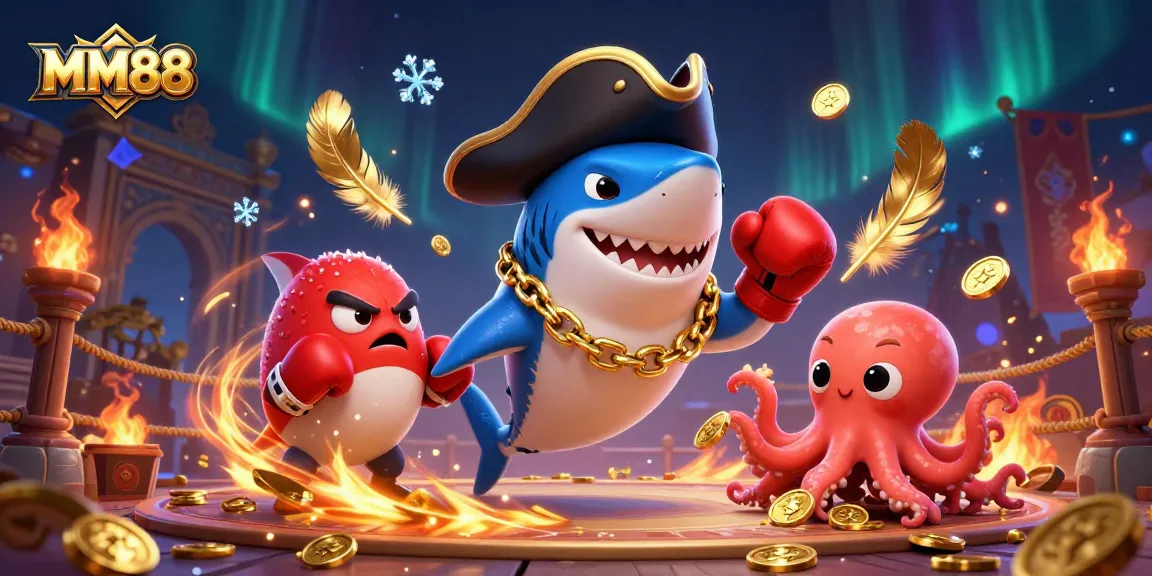 Experience thrilling gameplay with MM88's playful characters in an exciting casino illustration.