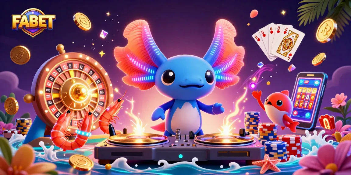 Experience the vibrant energy of FABET in a lively underwater casino scene featuring an axolotl DJ and animated sea creatures.