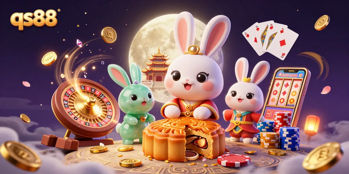qs88 players win big in a vibrant 3D moonlit casino scene filled with coins and poker chips