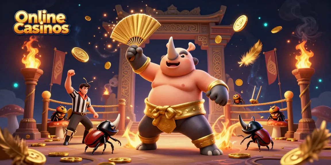 Experience thrilling online casinos with a vibrant 3D beetle battle scene full of golden coins.