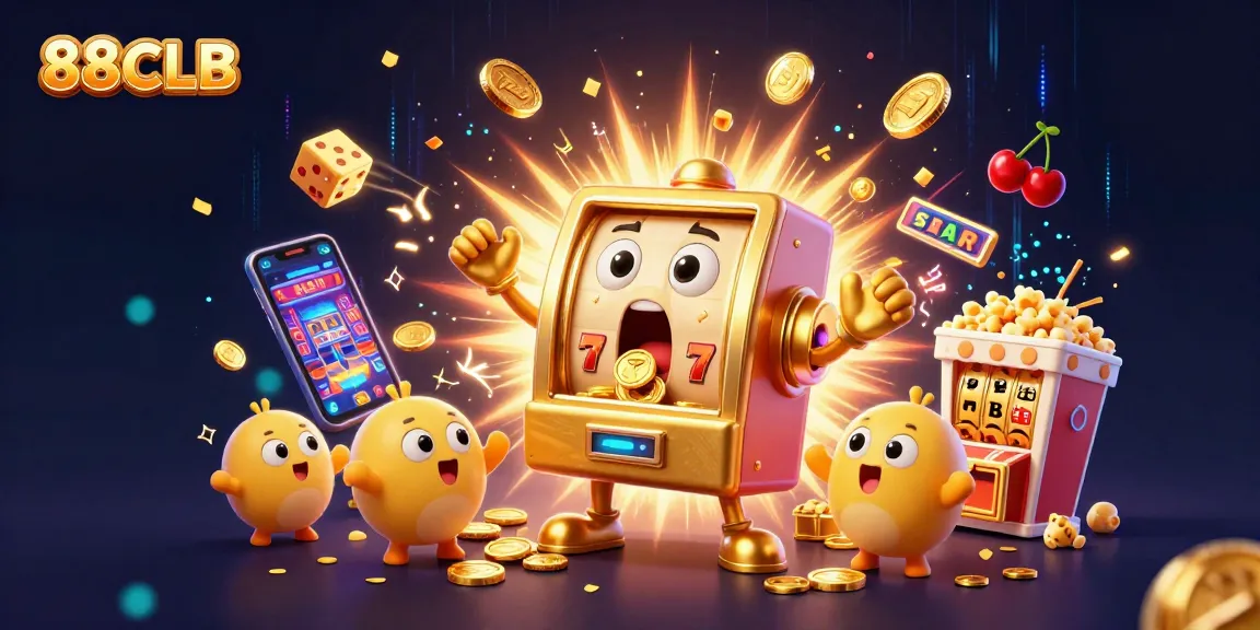 Experience the thrilling world of 88CLB with a golden slot machine hitting a jackpot while other machines cheer, perfect for casino fans.