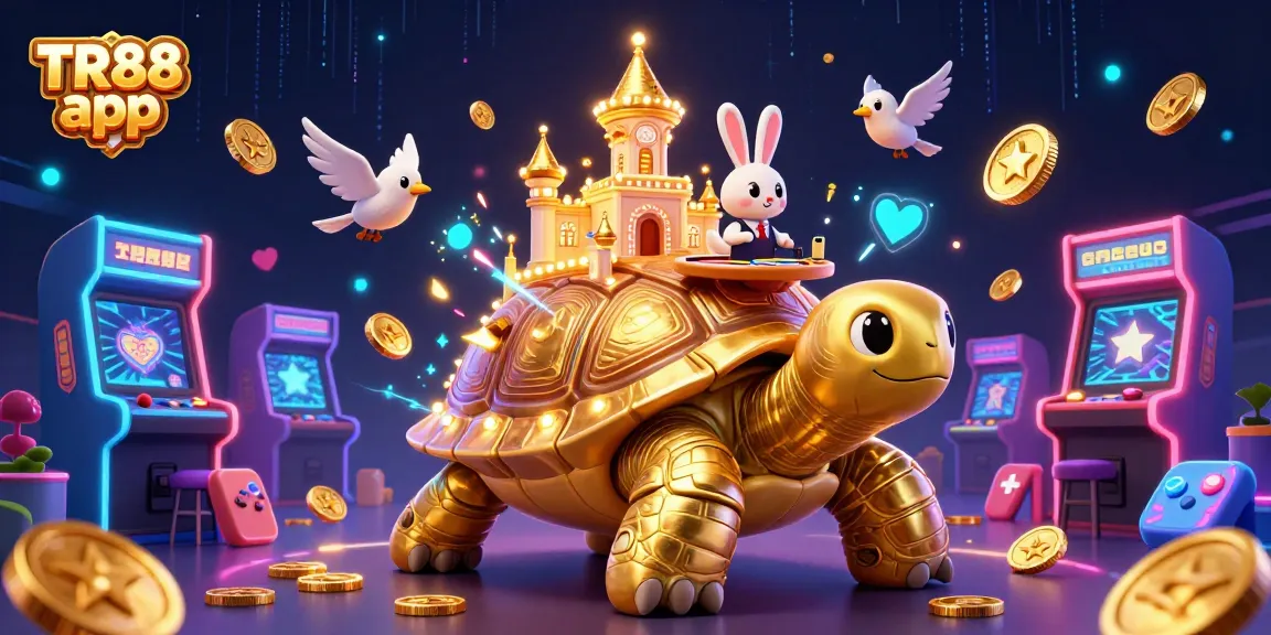 Experience excitement with the TR88 app, featuring a dynamic casino scene with games and golden coins.