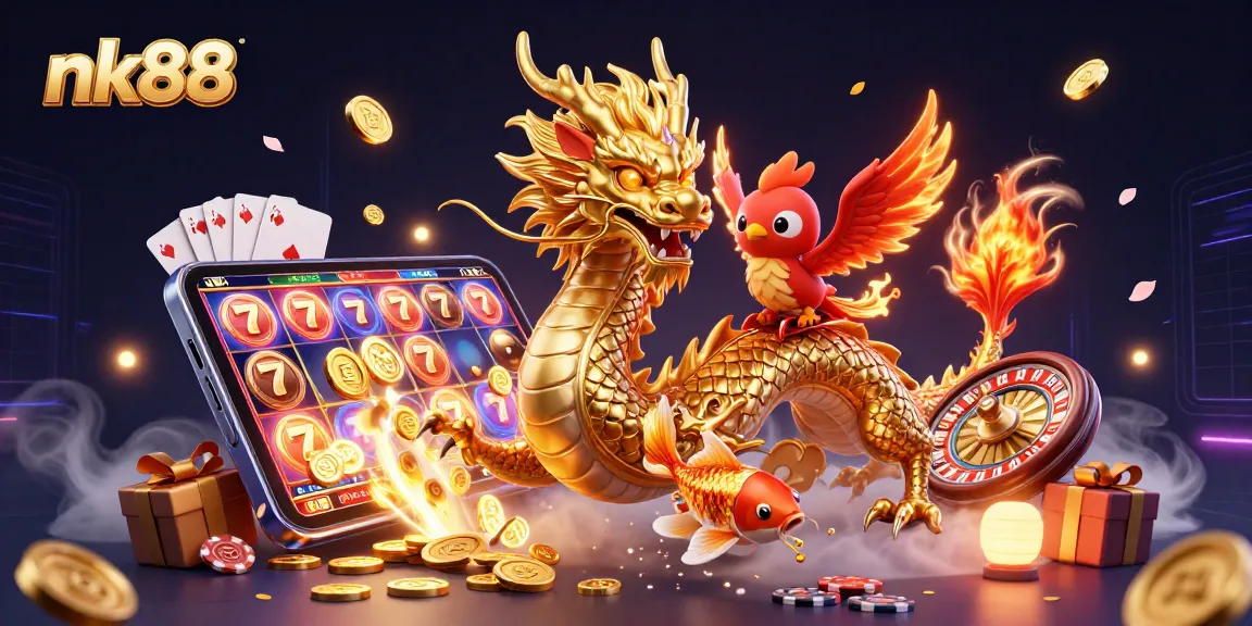 Play engaging slots with nk88 featuring a fierce dragon, phoenix, and koi fish surrounded by coins and gaming elements.