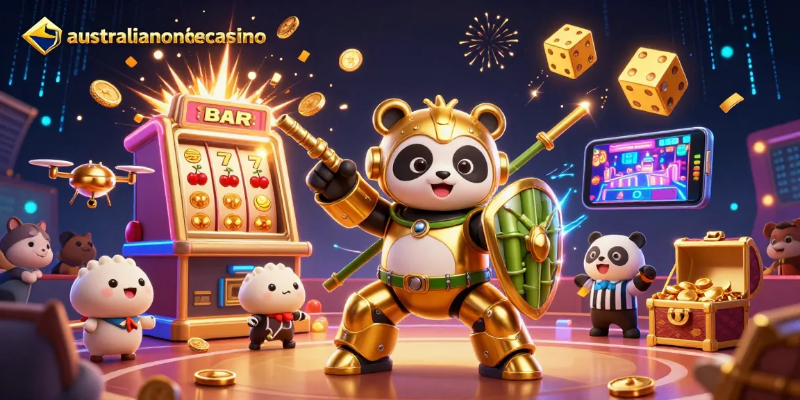 Experience excitement at australianonlinecasino with a thrilling mech-suit panda battling in a vibrant casino scene.