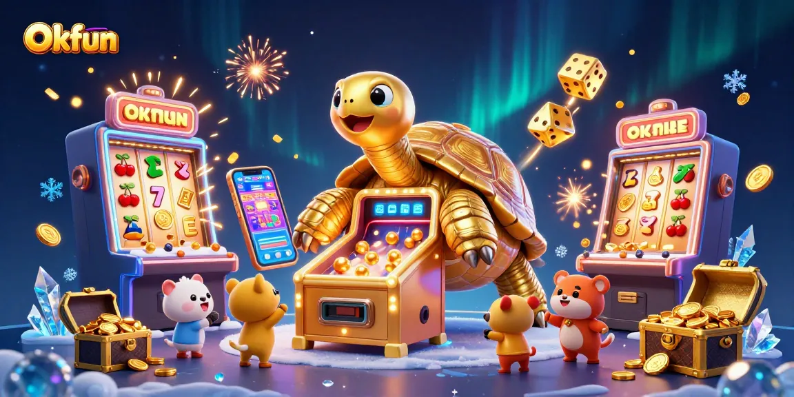 Engage with Okfun's vibrant casino scene featuring a colossal golden tortoise and a jackpot explosion.