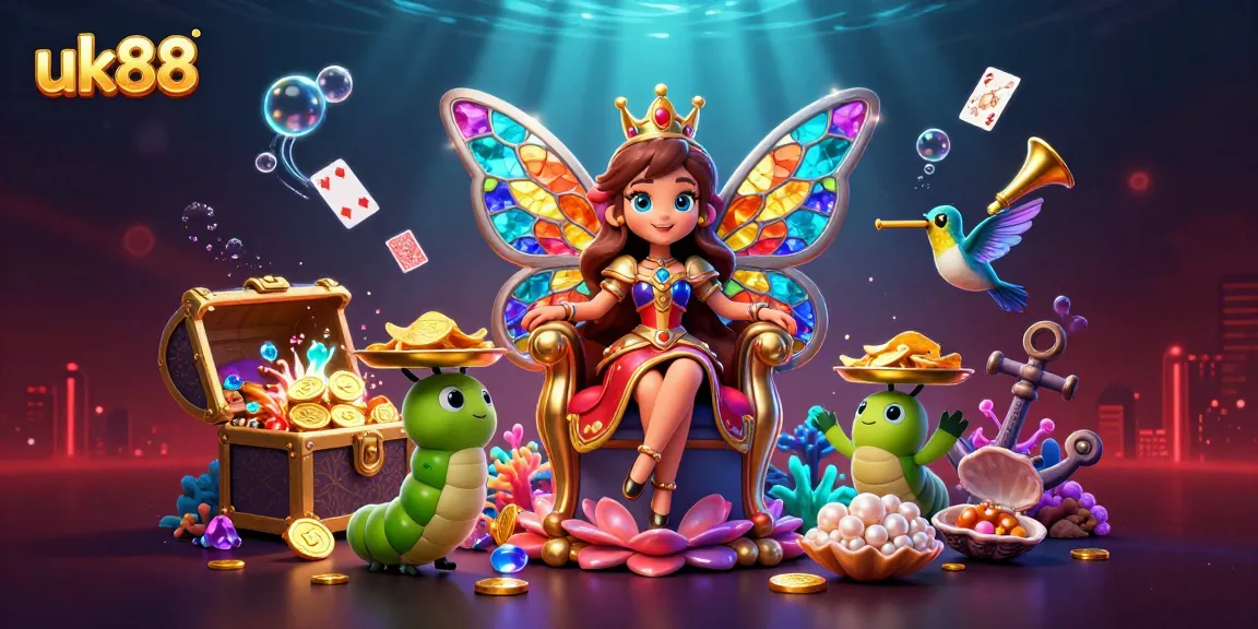 Experience uk88 gaming with vibrant casino elements and a majestic butterfly queen in this colorful 3D illustration.