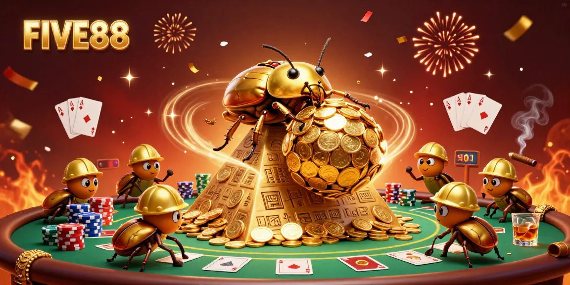Roll the golden coins with FIVE88's vibrant gaming scene, celebrating luck and victory.