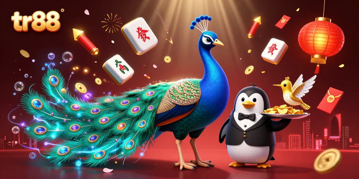 Spin golden chips with TR88 in a vibrant casino scene featuring a peacock and penguin.