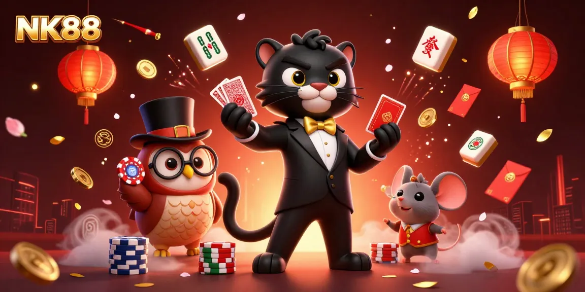 Join the excitement at NK88 with a panther dealer, owl and lucky mouse surrounded by festive casino elements.