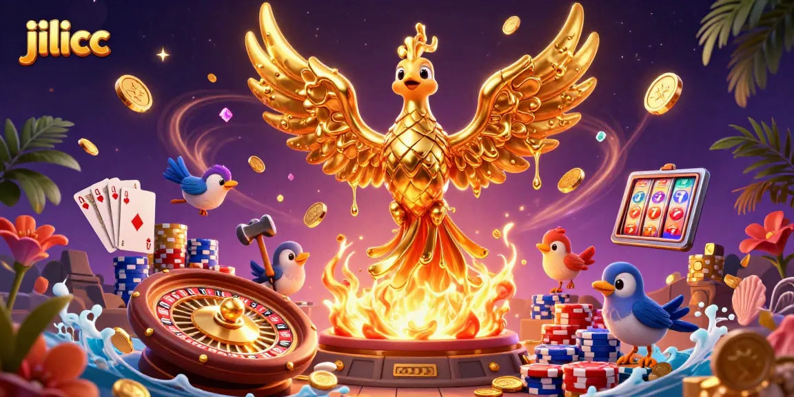 Experience the thrill of jilicc with a golden phoenix and vibrant casino elements in a dynamic scene.