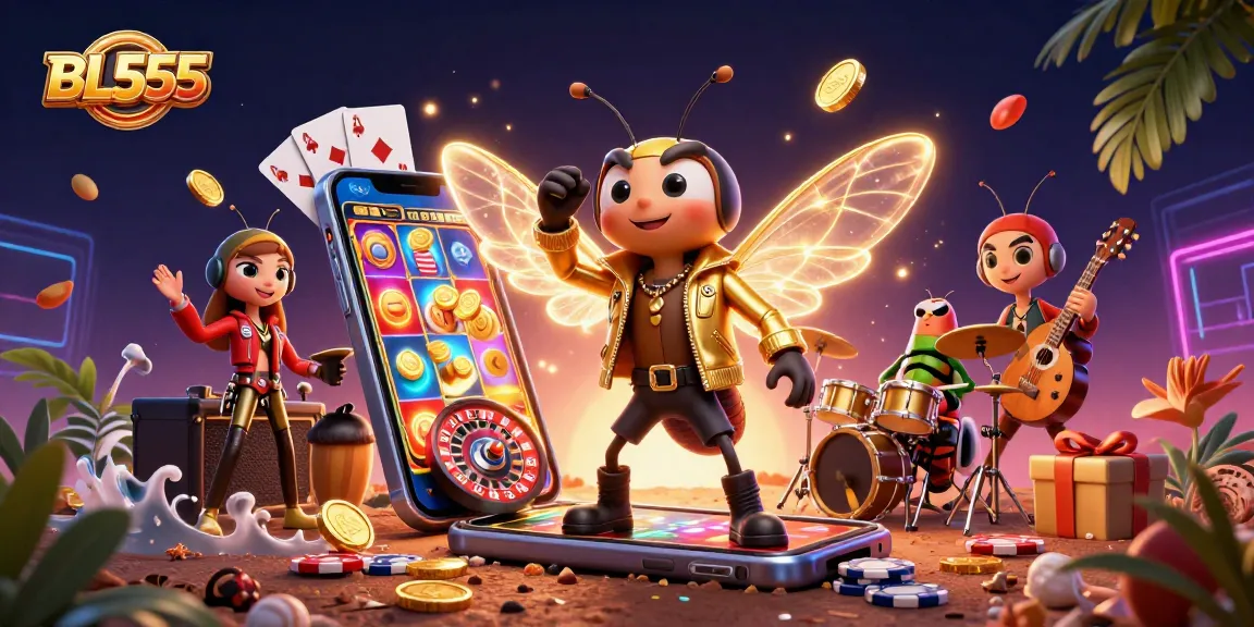 Experience thrilling gaming with BL555 featuring a rock star cicada and exciting casino elements.