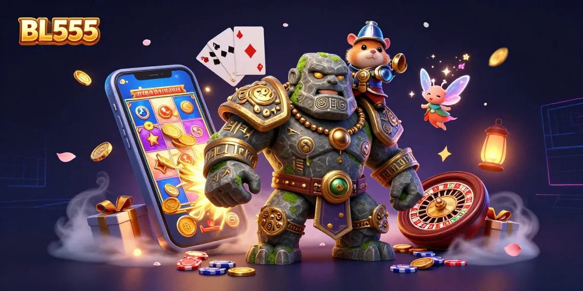 Experience the thrill of BL555 with a vibrant 3D casino illustration showcasing engaging characters and game elements.