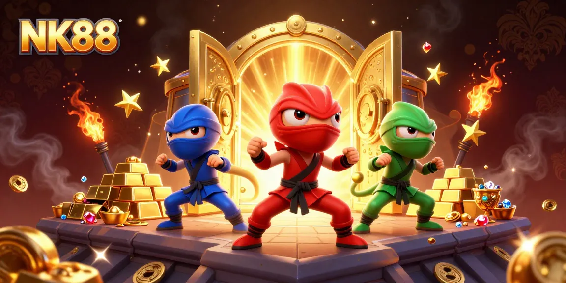 NK88 ninja chameleon team performs martial arts amidst treasures in vibrant casino scene