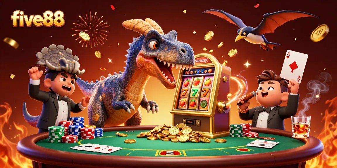 Watch the five88 pachycephalosaurus win coins from a jackpot slot machine in this lively casino scene.