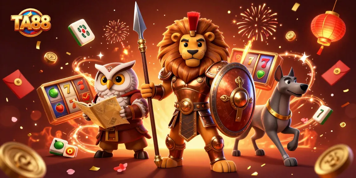 Enchanting TA88 slots scene with a Spartan lion, tactical owl, and greyhound, vibrant casino elements and fireworks.