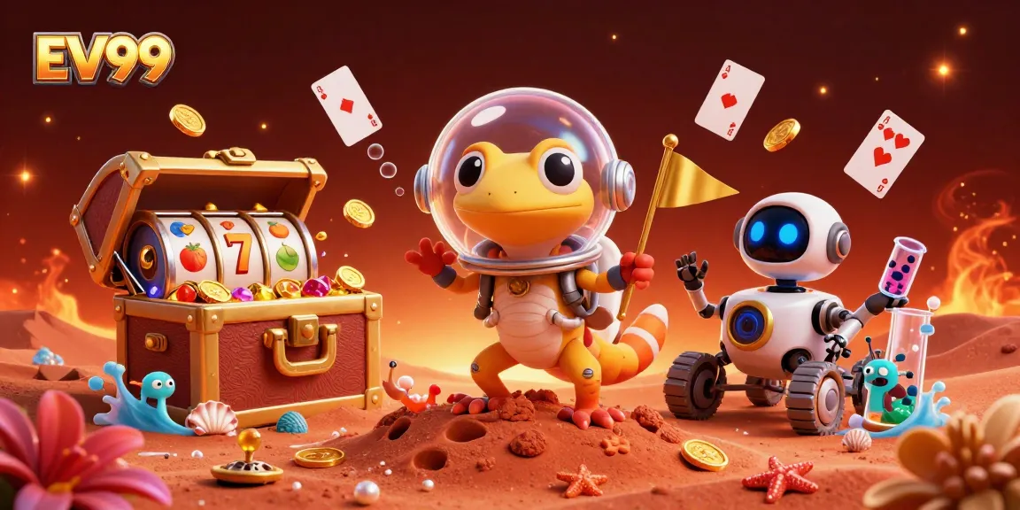 Experience the thrills at EV99's golden casino on Mars with vibrant animation and gaming elements.