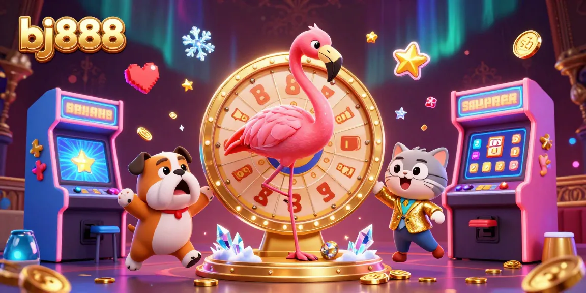 Experience thrilling wins at bj888 with our dynamic game show scene featuring vibrant colors and casino elements.