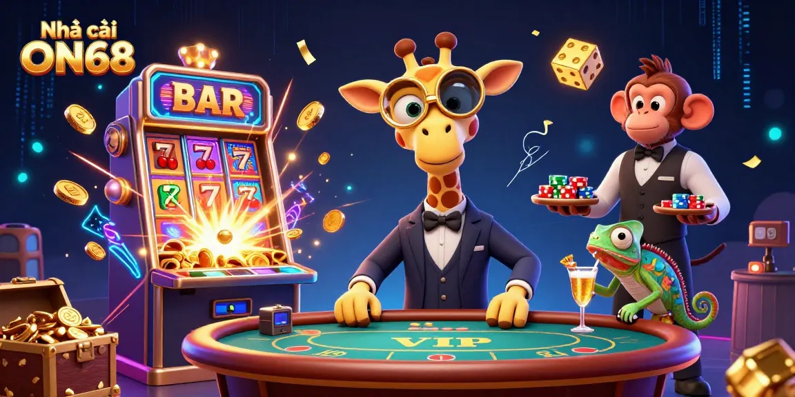 Experience the thrill at Nhà cái ON68 with vibrant 3D casino characters amidst a jackpot explosion.