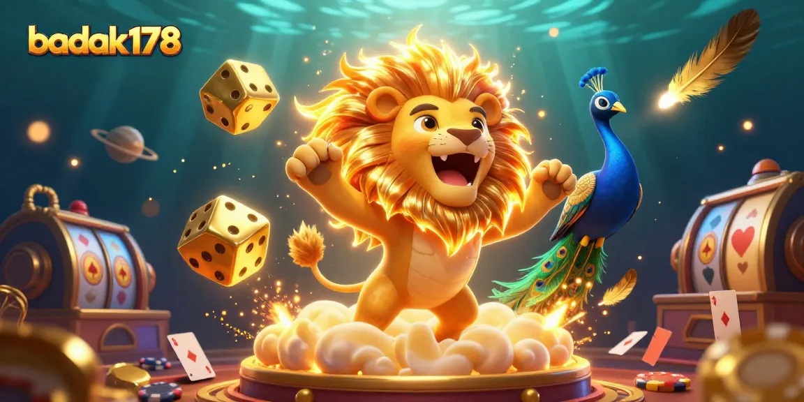 Experience the thrill of badak178 with vibrant casino visuals featuring a roaring sun lion and golden dice.