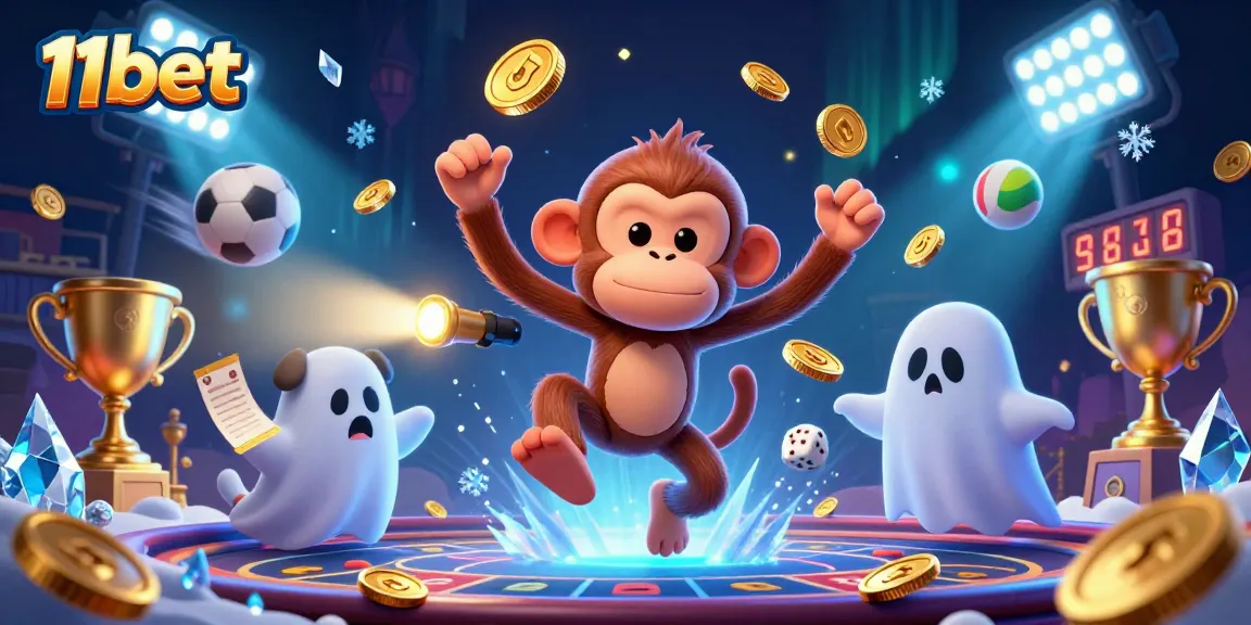 11bet showcases a playful poltergeist monkey juggling golden objects in a haunted casino scene.