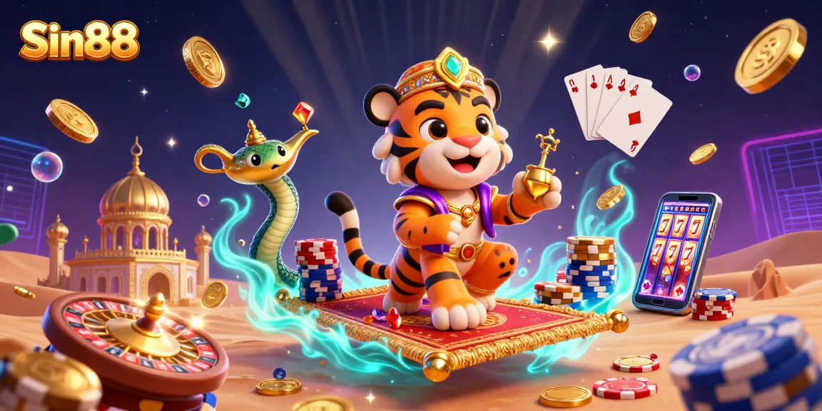 Experience the excitement of Sin88 with a vibrant casino-themed 3D illustration featuring characters and game elements.