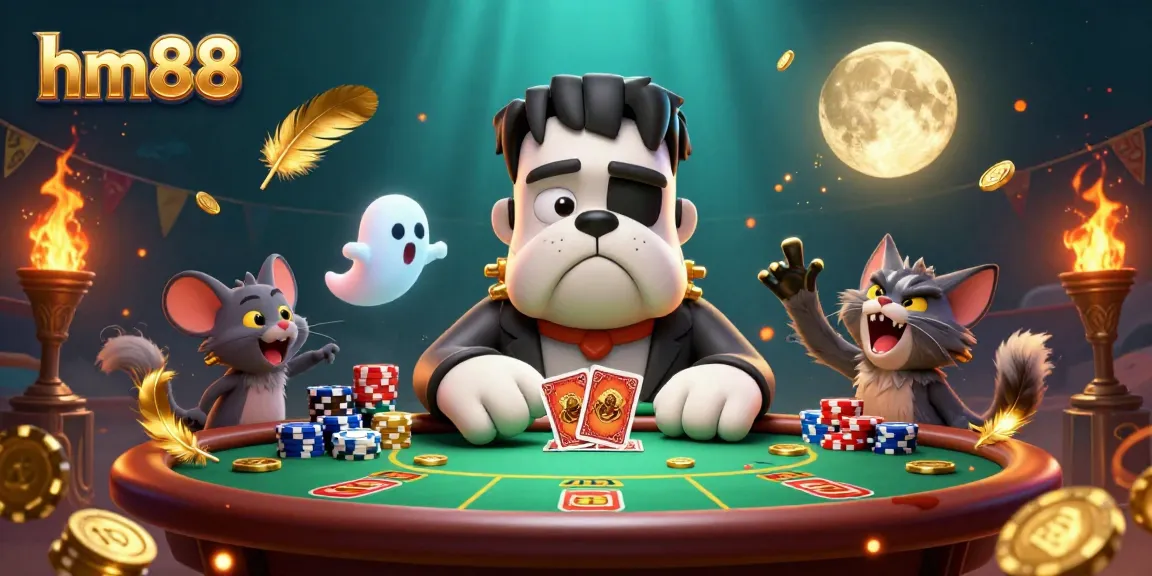 hm88 showcases a 3D cartoon Frankenstein bulldog engaging players at a poker table