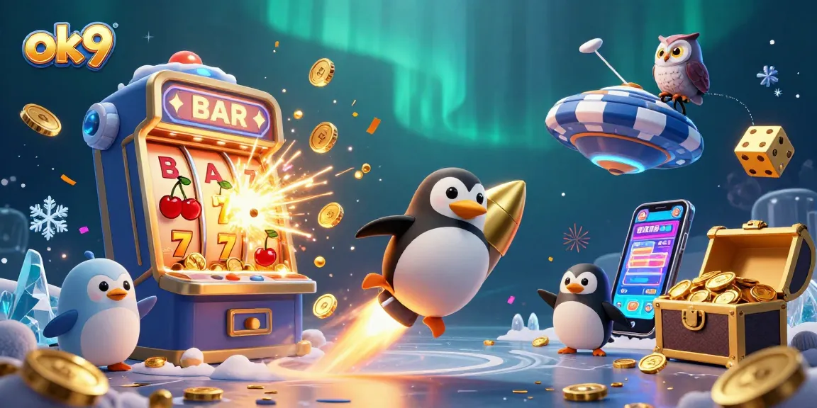 Experience exhilarating fun with ok9, where a golden penguin rockets toward a dazzling casino adventure!