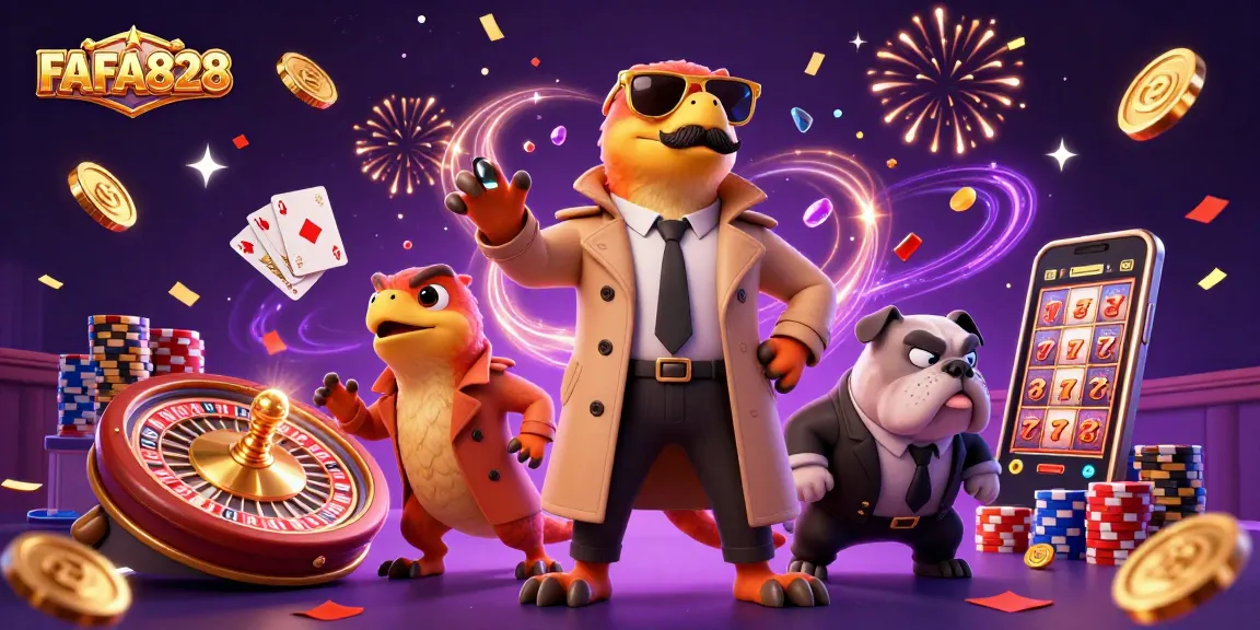 Win big with FAFA828 at the vibrant VIP casino, featuring raptors and a bulldog bouncer.