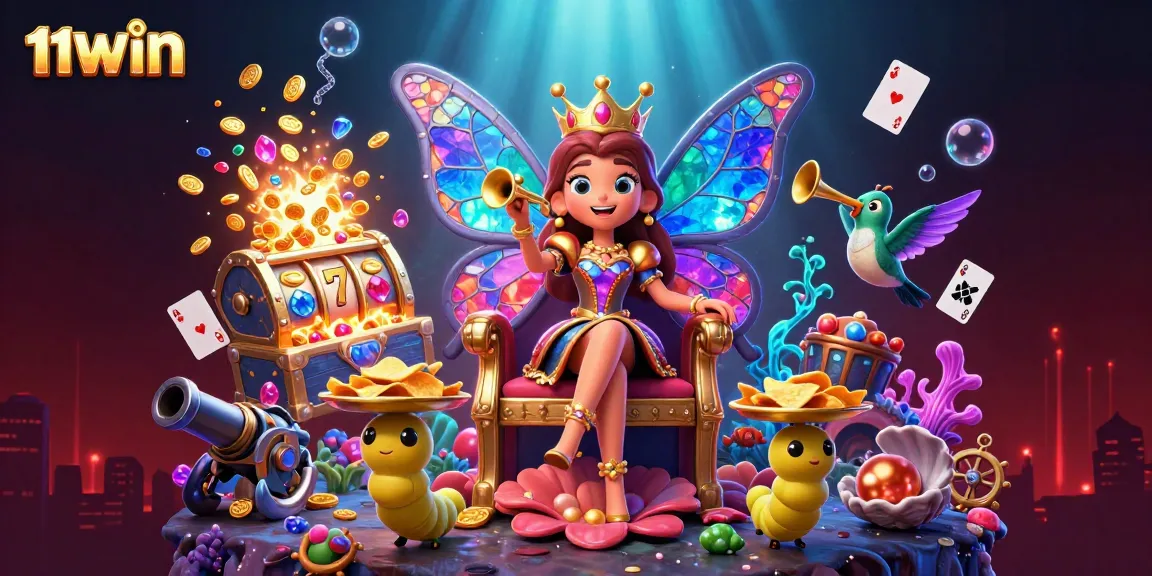 Experience the thrilling world of 11WIN casino with a vibrant 3D illustration featuring a butterfly queen and slot game elements.