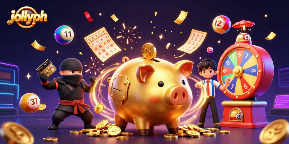 Experience the thrill of jollyph gaming with dynamic characters and colorful elements like golden coins and lottery balls.