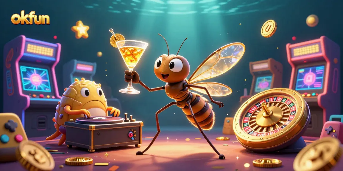 Experience the thrill of okfun with a vibrant casino scene featuring animated characters and colorful gaming elements.